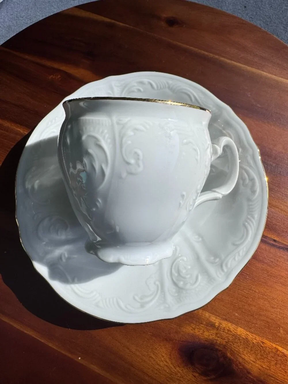 Vintage Bernadotte Czech Republic White Porcelain Teacup Saucer Set, Gold Rim